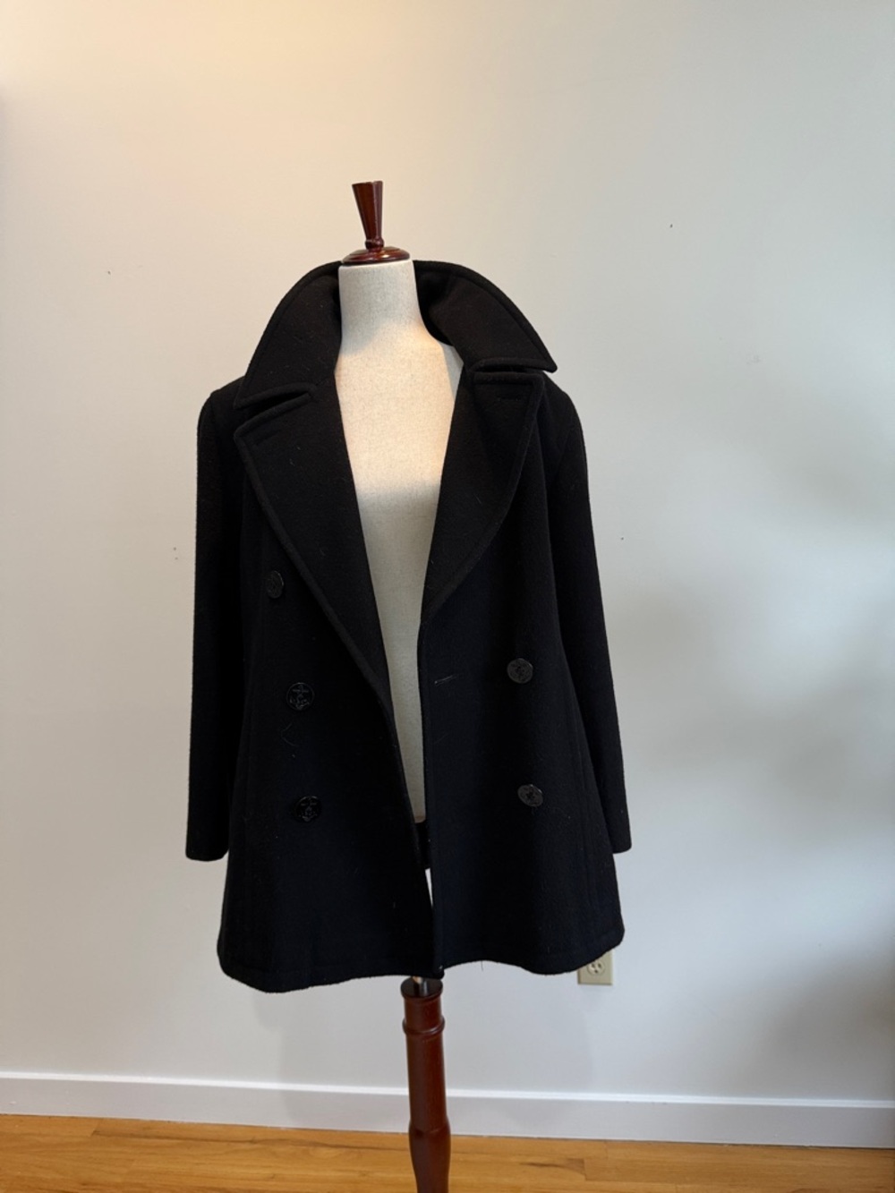 Jones New York Black Double-Breasted Pea Coat with Wide Collar